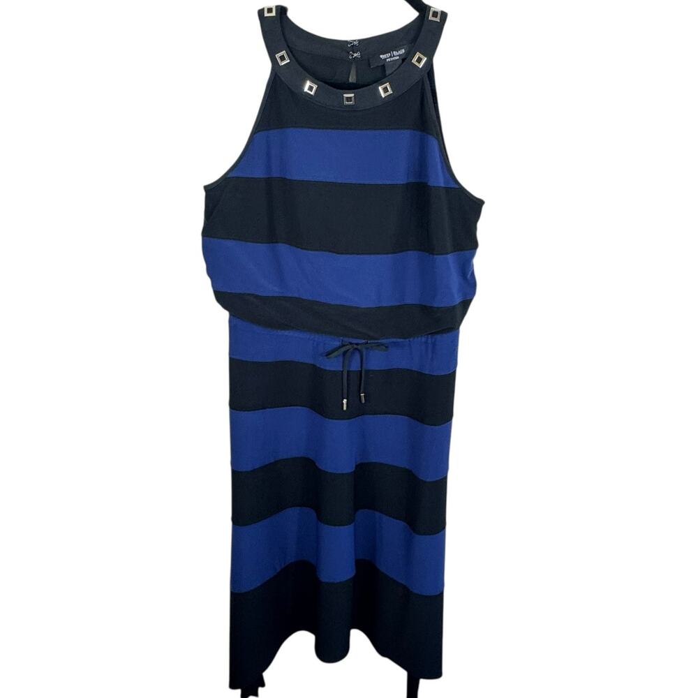 White House Black Market Black Blue Striped Asymmetrical Halter Midi Dress SP